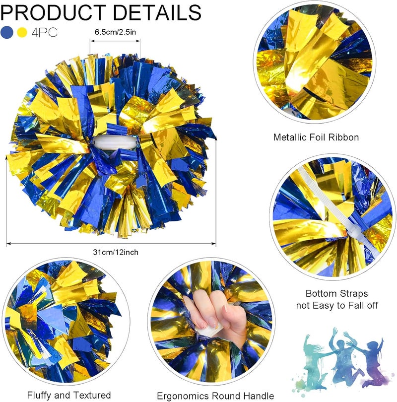 HOLENGS 4Pcs Upgraded 12inch Metallic Cheerleading Pom Poms, Cheerleader Pompoms Cheer Poms for Kids Adults, Cheering Squad Pompoms for School Sports Games Dance Party - Image 2